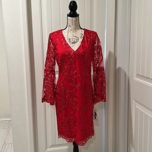 Red Mesh long sleeve floral embroidery balloon sleeve knee length dress